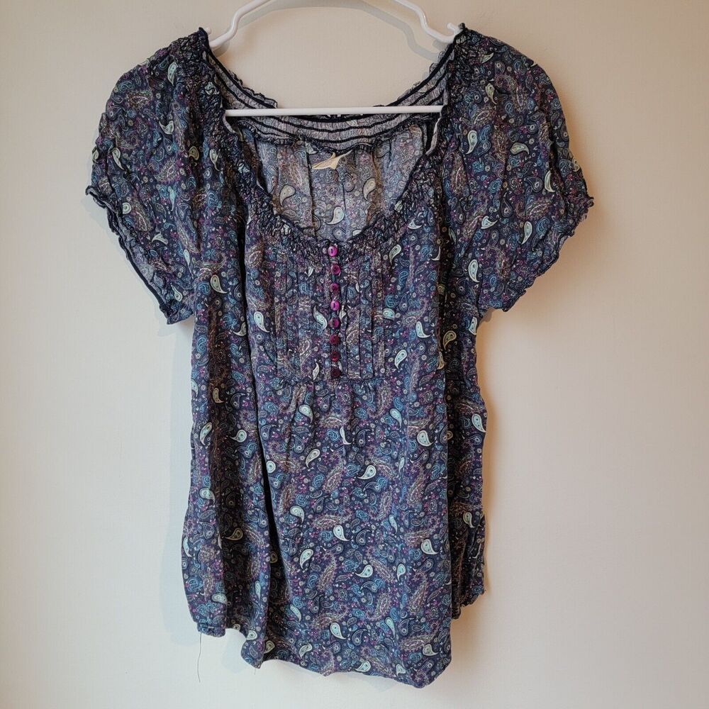 Faded Glory Y2k Baby Doll Top Size Small S Paisley Blouse Puff Sleeve